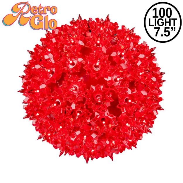 Lit red RetroGlo starlight sphere, 7.5 inch, shown against white