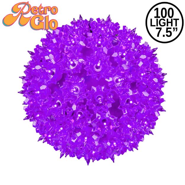 Lit purple RetroGlo starlight sphere, 7.5 inch, shown against white