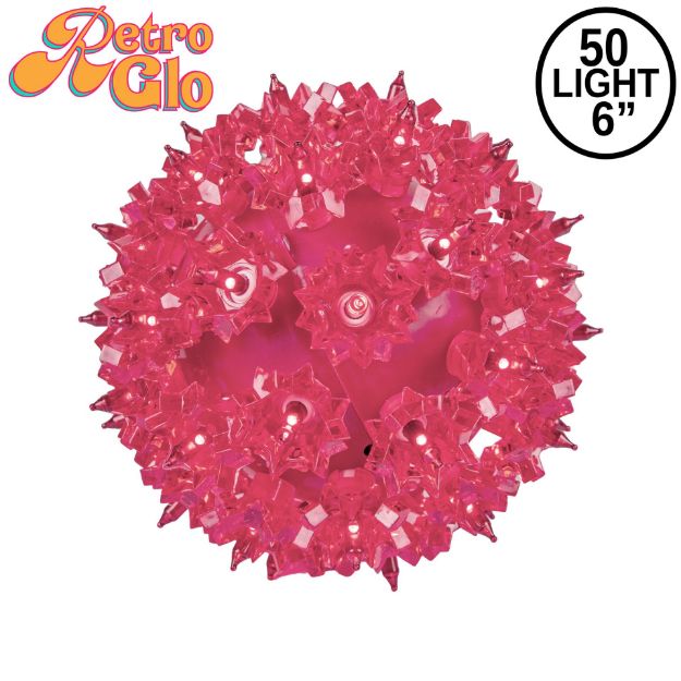 Lit pink RetroGlo starlight sphere, 6 inch, shown against white