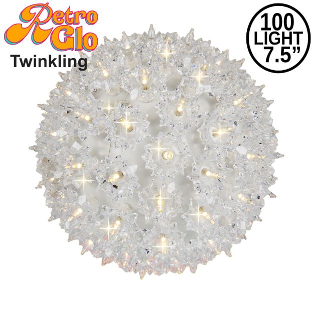 Lit clear twinkling RetroGlo starlight sphere, 7.5 inch, shown against white