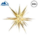 Metallic gold 24 inch Moravian star lit from within, shown against white