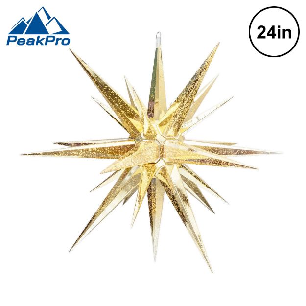 Metallic gold 24 inch Moravian star lit from within, shown against white