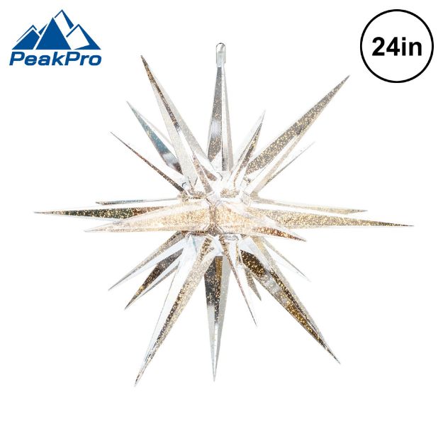Metallic silver 24 inch Moravian star lit from within, shown against white