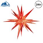 Metallic red 24 inch Moravian star lit from within, shown against white