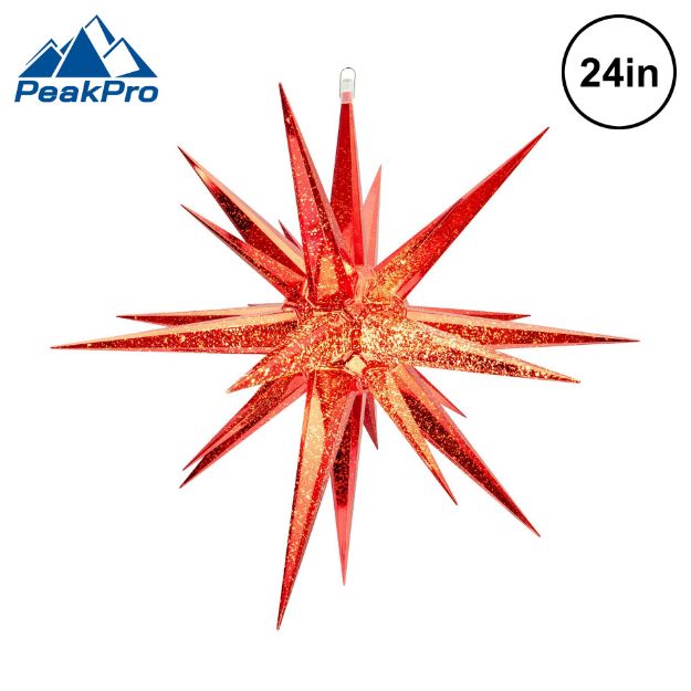 Metallic red 24 inch Moravian star lit from within, shown against white