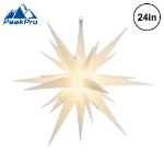 White 24 inch Moravian star lit from within, shown against white