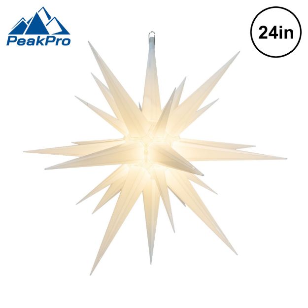 White 24 inch Moravian star lit from within, shown against white