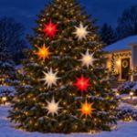 Lit Moravian stars on an outdoor tree in the evening