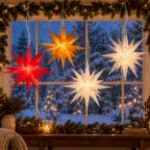 Lit Moravian stars hanging in a window