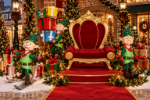 Commercial decor elf on skis with a red throne in a Christmas setting