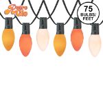 RetroGlo C9 Candy Corn light set with yellow, orange and white ceramic bulbs on black wire, 75 bulbs