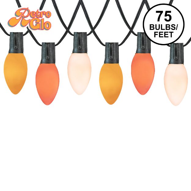 RetroGlo C9 Candy Corn light set with yellow, orange and white ceramic bulbs on black wire, 75 bulbs