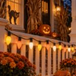 Yellow, orange and white RetroGlo C9 Halloween lights strung along a porch railing