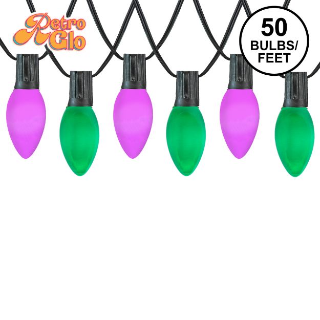 RetroGlo C9 Wicked Witch light set with purple and green ceramic bulbs on black wire, 50 bulbs