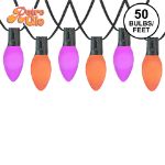 RetroGlo C9 Trick or Treat light set with purple and orange ceramic bulbs on black wire, 50 bulbs