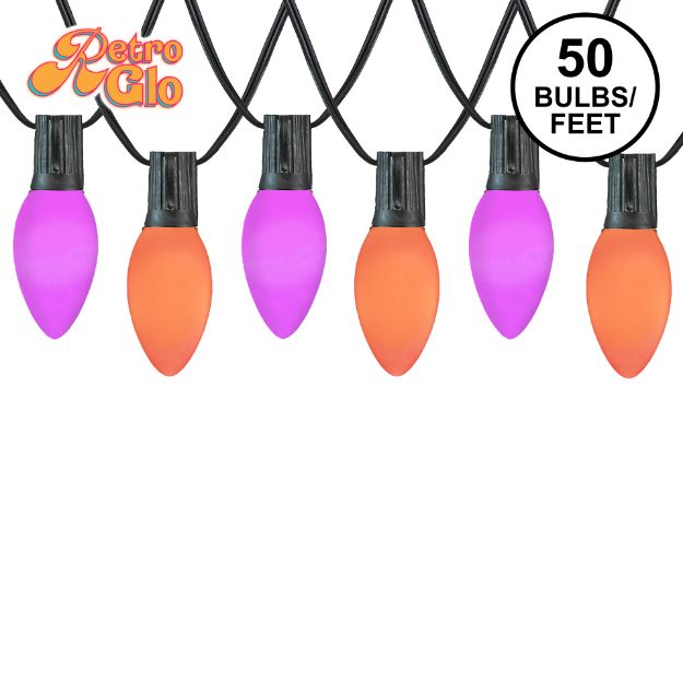 RetroGlo C9 Trick or Treat light set with purple and orange ceramic bulbs on black wire, 50 bulbs