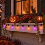 Purple and orange RetroGlo C9 Halloween lights strung along a porch railing