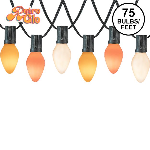 RetroGlo C7 Candy Corn light set with yellow, orange and white ceramic bulbs on black wire, 75 bulbs