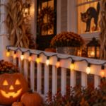 Yellow, orange and white RetroGlo C7 Halloween lights strung along a porch railing