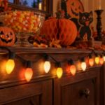 Yellow, orange and white RetroGlo C7 Halloween lights glowing in a decorated Halloween scene