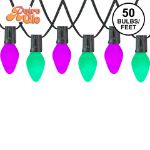 RetroGlo C7 Wicked Witch light set with purple and green ceramic bulbs on black wire, 50 bulbs