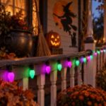 Purple and green RetroGlo C7 Halloween lights strung along a porch railing