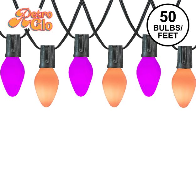 RetroGlo C7 Trick or Treat light set with purple and orange ceramic bulbs on black wire, 50 bulbs