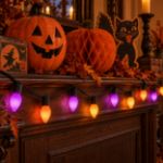 Purple and orange RetroGlo C7 Halloween lights strung along a porch railing