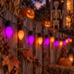 Purple and orange RetroGlo C7 Halloween lights glowing in a decorated Halloween scene