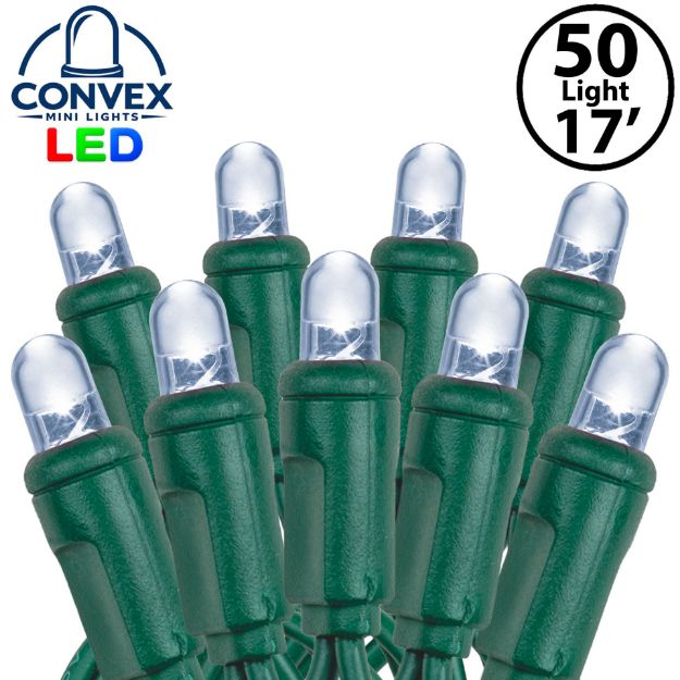 Close-up of pure white 5mm convex LED mini light bulbs on green wire