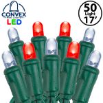 Close-up of red/pure white 5mm convex LED mini light bulbs on green wire