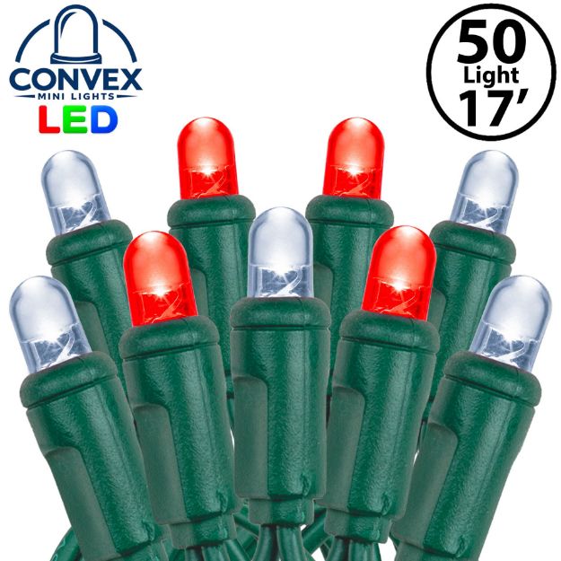 Close-up of red/pure white 5mm convex LED mini light bulbs on green wire