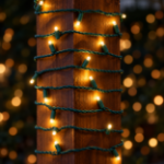 Warm White convex LED mini lights wrapped around an outdoor wood post
