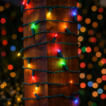 Multi Color convex LED mini lights wrapped around an outdoor wood post
