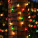 Red/Green/Warm White convex LED mini lights wrapped around an outdoor wood post