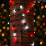 Red/Pure White convex LED mini lights wrapped around an outdoor wood post