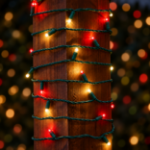 Red/Warm White convex LED mini lights wrapped around an outdoor wood post