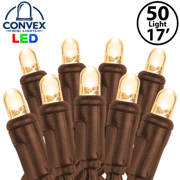 Close-up of warm white 5mm convex LED mini light bulbs on brown wire