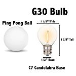 Size diagram of the G30 bulb, 1 1/8 inches wide by 1 7/8 inches tall, next to a ping pong ball