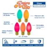 RetroGlo ceramic-coated LED bulb features infographic: 30,000 hour life, dimmable, indoor/outdoor rated