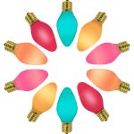 C7 RetroGlo groovy multi colored ceramic LED bulbs lit, arranged in a circle