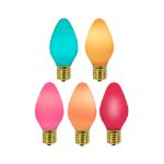 C7 RetroGlo groovy ceramic LED bulbs lit in teal, yellow, pink, orange and raspberry purple