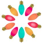 C9 RetroGlo groovy multi colored ceramic LED bulbs lit, arranged in a circle