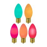C9 RetroGlo groovy ceramic LED bulbs lit in teal, yellow, pink, orange and raspberry purple