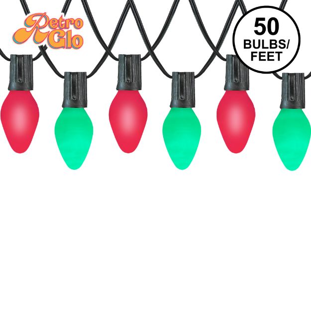 RetroGlo C7 Wicked Witch Halloween light set with lit purple and green ceramic bulbs on black wire