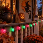 C7 Wicked Witch purple and green lights glowing on a Halloween porch