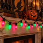 C7 Wicked Witch purple and green lights draped on a Halloween mantel and railing