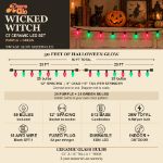 C7 Wicked Witch light set infographic: 50 feet, 50 bulbs, 12 inch spacing, dimmable, indoor/outdoor