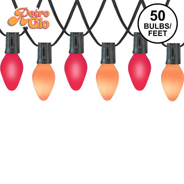 RetroGlo C7 Trick or Treat Halloween light set with lit purple and orange ceramic bulbs on black wire