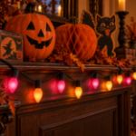 C7 Trick or Treat purple and orange lights glowing on a Halloween mantel with jack-o-lanterns